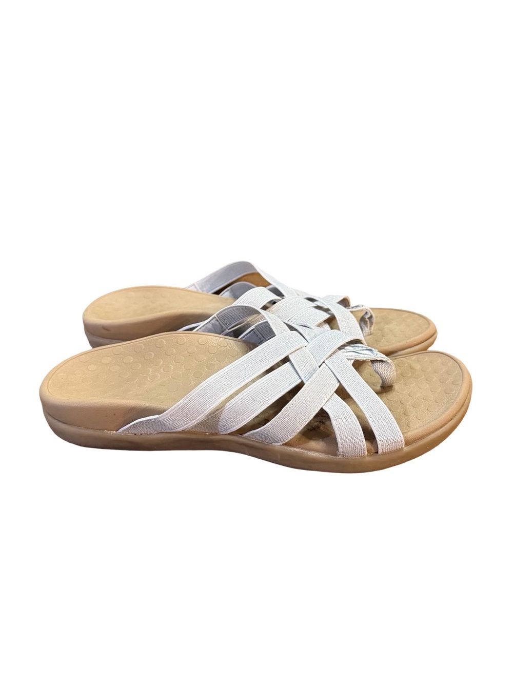 Vionic Tia Woven Stretch Gore Orthotic Thong Sandals Silver/White Women’s Size 7